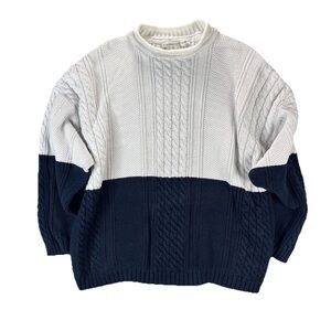 Vintage Men’s Claiborne Cable Knit Crewneck Sweater White Navy Preppy Cotton